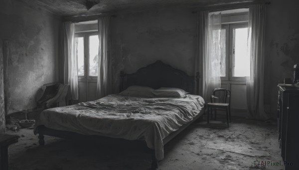 monochrome,greyscale,lying,day,indoors,pillow,no humans,window,bed,on bed,chair,table,sunlight,curtains,scenery,blanket,lamp,bedroom,solo,book,wooden floor,door,carpet,rug,cabinet