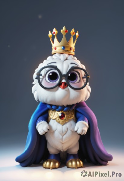 solo,looking at viewer,blush,open mouth,blue eyes,simple background,jewelry,standing,purple eyes,full body,glasses,tongue,artist name,cape,nail polish,gradient background,no humans,crown,gem,black nails,black-framed eyewear,round eyewear,white fur,blue cape,blue gemstone,purple cape,buck teeth,1boy,white hair,male focus,facial hair,fangs,mustache,straight-on