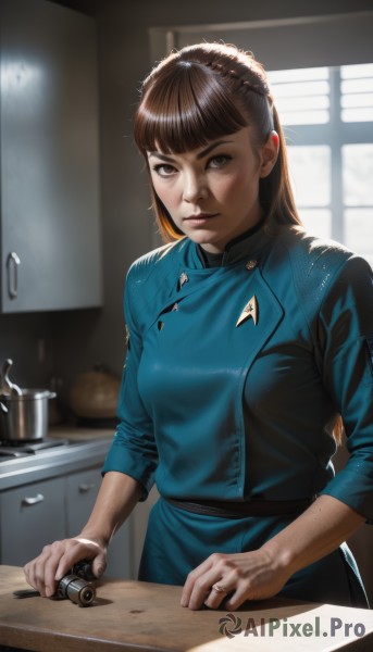 1girl,solo,long hair,breasts,looking at viewer,bangs,brown hair,dress,brown eyes,jewelry,standing,jacket,parted lips,indoors,blunt bangs,blurry,lips,window,blurry background,blue dress,ring,freckles,realistic,nose,kitchen,sink,faucet,cutting board,medium breasts,uniform,apron,sunlight,knife,backlighting,cooking,kitchen knife