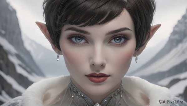 1girl,solo,looking at viewer,short hair,bangs,blue eyes,brown hair,black hair,jewelry,earrings,outdoors,pointy ears,blurry,lips,grey eyes,fur trim,eyelashes,makeup,blurry background,elf,portrait,snow,close-up,mountain,realistic,red lips,winter,parted lips,swept bangs,nose,straight-on