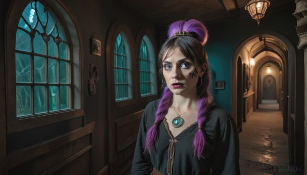 1girl,solo,long hair,looking at viewer,bangs,blue eyes,black hair,hair ornament,dress,jewelry,collarbone,upper body,purple hair,braid,multicolored hair,earrings,indoors,necklace,black dress,twin braids,two-tone hair,lips,window,tattoo,gradient hair,makeup,night,facial mark,moon,feathers,lipstick,hair over shoulder,pendant,eyeshadow,door,feather hair ornament,facial tattoo,purple lips,broken window,split theme,brown hair,hair bun,mole,single hair bun,mole under mouth,stairs,realistic,hallway