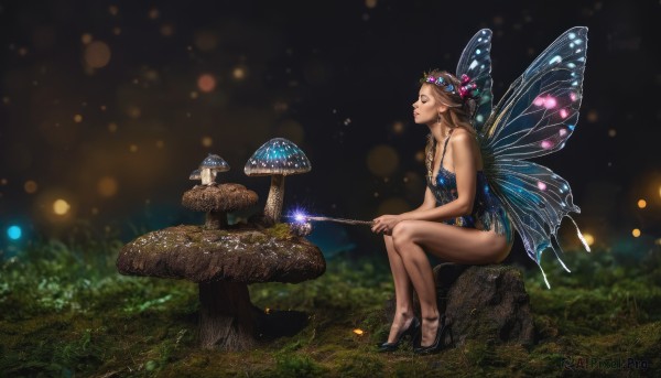 1girl,solo,long hair,breasts,open mouth,brown hair,hair ornament,dress,cleavage,bare shoulders,jewelry,sitting,closed eyes,flower,small breasts,outdoors,wings,hair flower,blurry,high heels,from side,bare legs,night,blue dress,grass,bug,looking up,nature,forest,wand,fairy wings,fairy,head wreath,mushroom,fireworks,butterfly wings,fireflies,tree stump,blonde hair,shoes,pointy ears,legs,realistic