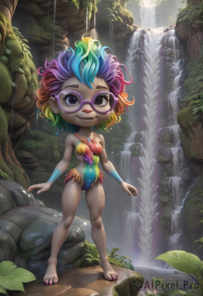 1girl,solo,breasts,looking at viewer,smile,short hair,bare shoulders,medium breasts,closed mouth,blue hair,standing,purple eyes,collarbone,swimsuit,full body,pink hair,purple hair,multicolored hair,small breasts,outdoors,green hair,glasses,barefoot,artist name,signature,water,nail polish,orange hair,black eyes,leotard,tree,fingernails,one-piece swimsuit,eyelashes,bare legs,gradient hair,makeup,toes,:3,colored skin,leaf,watermark,sunlight,grass,plant,nature,web address,multicolored clothes,furry,pink nails,forest,long fingernails,legs apart,toenails,curly hair,light rays,rock,furry female,purple nails,toenail polish,vines,waterfall,bodypaint,cliff,moss,stream,purple-framed eyewear,rainbow hair,blue eyes,blonde hair,jewelry,necklace,two-tone hair,lips,bare arms,tattoo,monster girl,messy hair