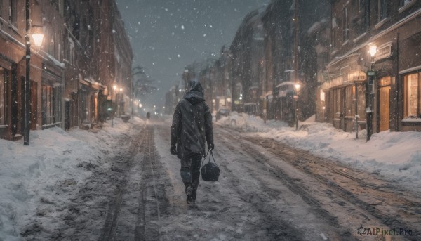 solo, 1boy, holding, outdoors, sky, bag, from behind, coat, night, building, scenery, snow, walking, snowing, road, holding bag, winter, lamppost, street, footprints