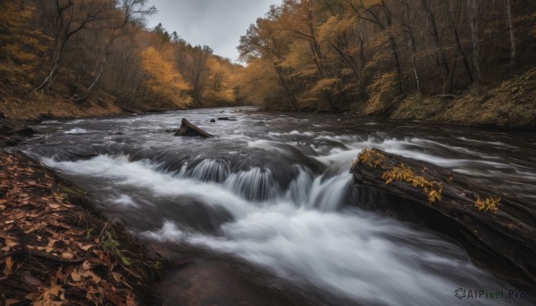 outdoors,sky,day,cloud,water,tree,no humans,building,nature,scenery,forest,smoke,mountain,architecture,bridge,east asian architecture,river,waterfall,landscape,fog,leaf,rock,autumn leaves,watercraft,bare tree,autumn,stream