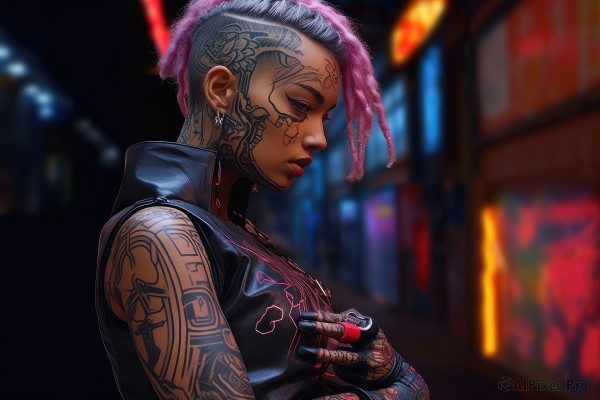 1girl,solo,short hair,gloves,jewelry,jacket,closed eyes,upper body,pink hair,grey hair,multicolored hair,earrings,sleeveless,dark skin,fingerless gloves,blurry,vest,from side,two-tone hair,dark-skinned female,lips,tattoo,profile,makeup,blurry background,piercing,science fiction,nose,arm tattoo,undercut,facial tattoo,cyborg,mohawk,cyberpunk,neck tattoo,dreadlocks,bare shoulders,facial mark,high collar,facepaint