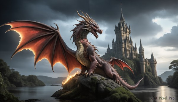 HQ,open mouth,red eyes,tail,outdoors,wings,horns,sky,teeth,cloud,water,tree,no humans,cloudy sky,fire,sharp teeth,scenery,claws,monster,mountain,fantasy,dragon,scales,river,castle,tower,solo,day,glowing,spikes,rock,breathing fire