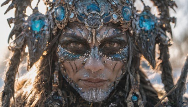 1girl,solo,long hair,looking at viewer,black hair,hair ornament,brown eyes,jewelry,closed mouth,artist name,dark skin,blurry,lips,eyelashes,depth of field,blurry background,glowing,facial mark,feathers,gem,portrait,close-up,crystal,fantasy,facepaint,straight-on,smile,facial hair,beard,freckles,realistic,headdress