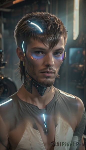 solo,looking at viewer,short hair,brown hair,shirt,black hair,1boy,brown eyes,jewelry,upper body,male focus,earrings,parted lips,dark skin,mole,blurry,lips,blurry background,facial hair,tank top,pectorals,beard,freckles,science fiction,mole on breast,realistic,nose,cyborg,cyberpunk,breasts,blue eyes,cleavage,closed mouth,glowing