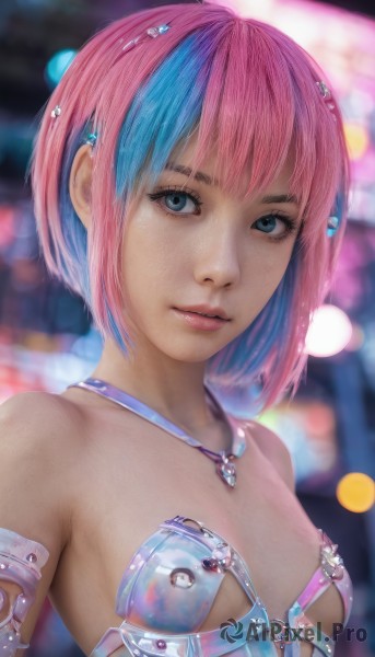 1girl,solo,breasts,looking at viewer,smile,short hair,bangs,blue eyes,hair ornament,bare shoulders,jewelry,closed mouth,blue hair,upper body,pink hair,multicolored hair,small breasts,necklace,armor,blurry,two-tone hair,lips,eyelashes,depth of field,blurry background,armlet,realistic,nose,collarbone,parted lips,artist name,makeup,watermark,piercing,bob cut,gem,revealing clothes,web address,pink lips,bokeh