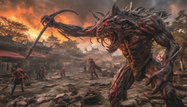 A dynamic view of a monster in fiery outdoors