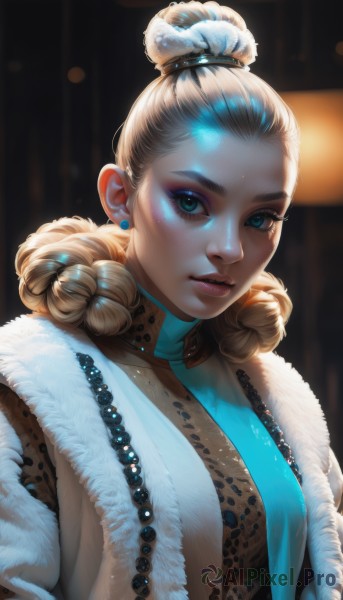 1girl,solo,long hair,breasts,looking at viewer,blue eyes,blonde hair,hair ornament,dress,jewelry,closed mouth,upper body,braid,earrings,necklace,hair bun,mole,blurry,aqua eyes,lips,coat,fur trim,eyelashes,double bun,makeup,blurry background,glowing,lipstick,eyeshadow,freckles,beads,curly hair,nose,stud earrings,eyeliner,hair pulled back,mascara,multi-tied hair,leopard print,fur coat,multiple braids,brown hair,medium breasts,blue hair,multicolored hair,parted lips,artist name,two-tone hair,depth of field,facial mark,single hair bun,animal print,forehead,backlighting