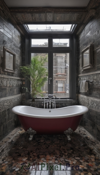 day,indoors,tree,no humans,window,leaf,plant,scenery,door,tiles,potted plant,tile floor,bathroom,stool,bathtub,sink,faucet,water,towel,reflection