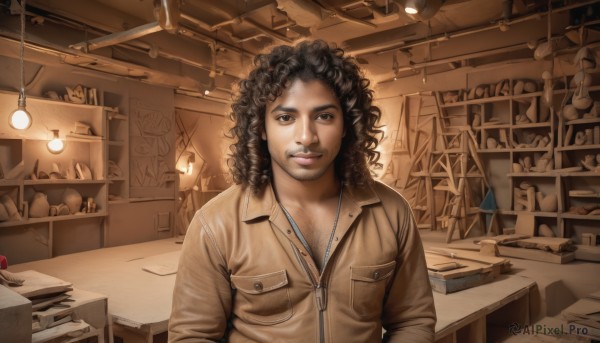 solo,long hair,looking at viewer,smile,black hair,1boy,brown eyes,monochrome,upper body,male focus,parted lips,indoors,dark skin,lips,book,facial hair,dark-skinned male,bottle,beard,zipper,curly hair,pocket,realistic,lamp,breast pocket,sepia,chest hair,shelf,jumpsuit,brown theme,ceiling light,box,stubble,light bulb