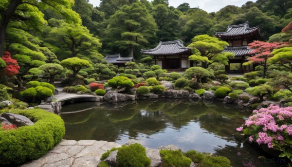 flower,outdoors,day,water,tree,no humans,grass,cherry blossoms,building,nature,scenery,forest,rock,bush,architecture,bridge,east asian architecture,river,stone,pond,stone lantern,stream,real world location,sky,plant,reflection