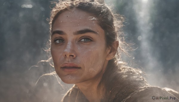 1girl,solo,long hair,looking at viewer,brown hair,black hair,1boy,male focus,parted lips,blurry,black eyes,lips,wet,grey eyes,depth of field,blurry background,portrait,rain,realistic,nose,wet hair,closed mouth,sunlight,thick eyebrows,messy hair,close-up,freckles,dirty,dirty face