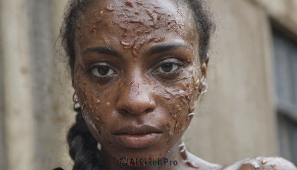 1girl,solo,long hair,looking at viewer,black hair,brown eyes,closed mouth,braid,indoors,dark skin,blurry,dark-skinned female,lips,wet,single braid,depth of field,blurry background,portrait,realistic,1boy,male focus,black eyes,dark-skinned male,close-up,dirty