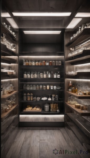 food,indoors,cup,no humans,bottle,scenery,alcohol,drinking glass,wooden floor,shelf,jar,bar (place),counter,ceiling light,whiskey,bread,shop,ceiling,pastry