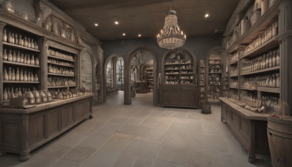 indoors,book,no humans,window,bottle,scenery,door,bookshelf,tiles,light,lamp,tile floor,stool,shelf,jar,shop,ceiling,bar (place),ceiling light,chandelier,stairs,fantasy,candle,arch,barrel