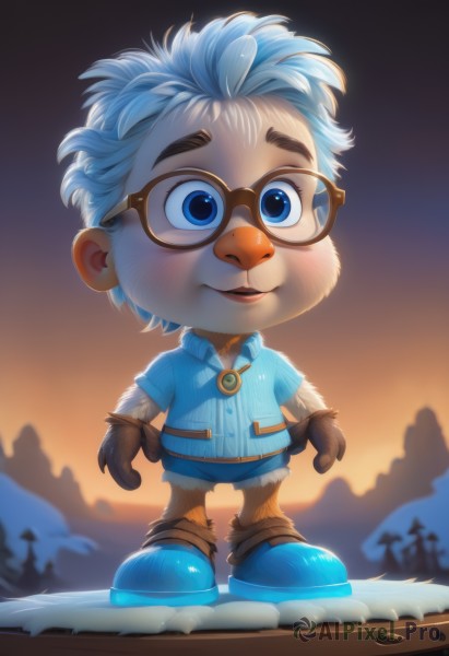 solo,blush,smile,short hair,open mouth,blue eyes,shirt,gloves,1boy,animal ears,blue hair,standing,full body,white hair,short sleeves,male focus,outdoors,glasses,shorts,teeth,collared shirt,artist name,blurry,tree,blurry background,blue shirt,furry,brown gloves,blue footwear,furry male,buck teeth,jewelry,parted lips,sky,shoes,night,watermark,thick eyebrows,sunset,striped shirt,round eyewear,male child,blue vest