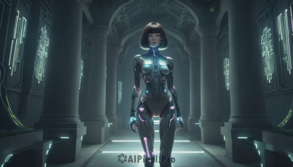 1girl,solo,breasts,looking at viewer,short hair,bangs,brown hair,black hair,medium breasts,closed mouth,standing,closed eyes,indoors,blunt bangs,lips,bodysuit,glowing,bob cut,skin tight,science fiction,arms at sides,black bodysuit,cyborg,robot joints,neon trim,cyberpunk,hologram,cowboy shot,small breasts,signature,makeup,facial mark,thigh gap,facing viewer,backlighting,android,tiles,joints,tile floor,pillar