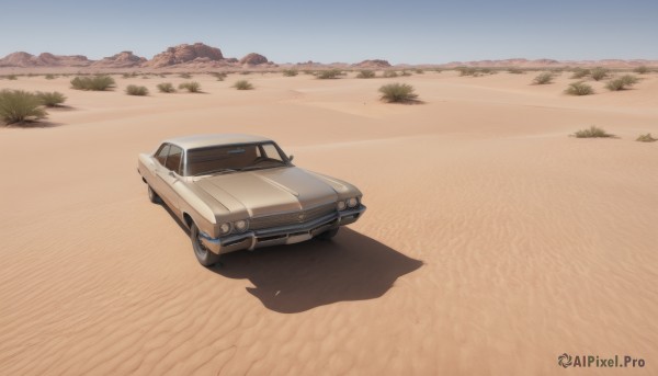 outdoors,sky,day,tree,blue sky,no humans,shadow,grass,ground vehicle,scenery,motor vehicle,mountain,sand,car,road,vehicle focus,desert,truck,beach,sports car