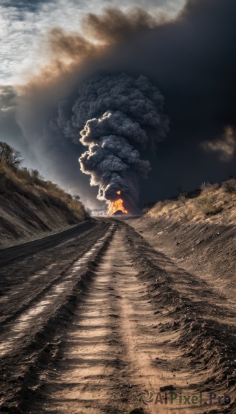 outdoors,sky,day,cloud,tree,no humans,sunlight,cloudy sky,fire,nature,scenery,forest,smoke,burning,molten rock,solo,1boy,standing,water,cape,glowing,walking,monster