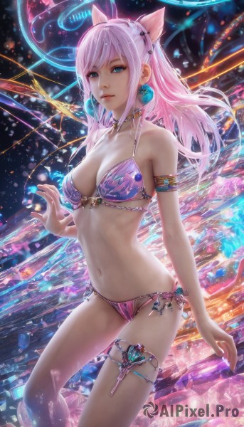 1girl,solo,long hair,breasts,looking at viewer,blue eyes,hair ornament,navel,animal ears,cleavage,bare shoulders,jewelry,medium breasts,standing,swimsuit,ponytail,pink hair,bikini,earrings,choker,cat ears,lips,gem,armlet,k/da (league of legends),bangs,closed mouth,collarbone,sidelocks,hairband,parted lips,artist name,stomach,thigh strap,fake animal ears,swept bangs,side-tie bikini bottom,watermark,realistic,nose,pink bikini,thighlet,pink choker