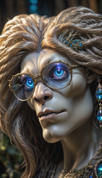 1girl,solo,long hair,looking at viewer,blue eyes,blonde hair,brown hair,hair ornament,1boy,jewelry,braid,male focus,parted lips,glasses,teeth,necklace,blurry,lips,eyelashes,depth of field,blurry background,glowing,feathers,gem,portrait,glowing eyes,close-up,realistic,nose,round eyewear,feather hair ornament,yellow-framed eyewear,eyewear strap,earrings,artist name