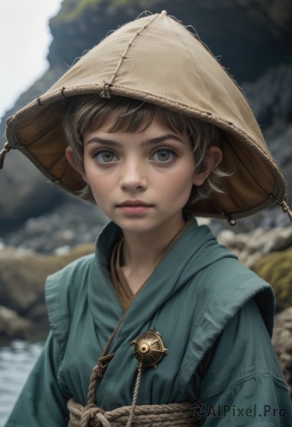 1girl,solo,looking at viewer,short hair,bangs,brown hair,long sleeves,hat,brown eyes,jewelry,closed mouth,upper body,outdoors,japanese clothes,day,kimono,necklace,blurry,lips,grey eyes,sash,depth of field,blurry background,obi,androgynous,freckles,realistic,nose,brown headwear,straw hat,parted lips,water,eyelashes,thick eyebrows,rope