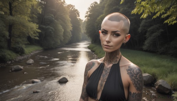 1girl,solo,breasts,looking at viewer,short hair,dress,cleavage,bare shoulders,brown eyes,jewelry,medium breasts,upper body,earrings,small breasts,outdoors,day,water,black dress,tree,lips,grey eyes,tattoo,makeup,halterneck,piercing,ear piercing,nature,forest,rock,arm tattoo,bald,very short hair,shoulder tattoo,river,halter dress,neck tattoo,buzz cut,stream,swimsuit,sunlight,grass,genderswap,genderswap (mtf),eyeshadow,nose,eyeliner,facial tattoo,dappled sunlight,multiple piercings