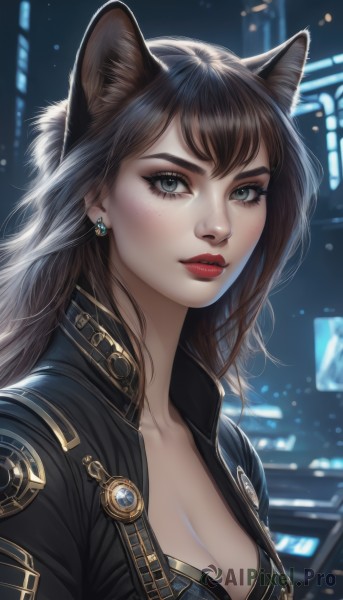 1girl,solo,long hair,breasts,looking at viewer,bangs,blue eyes,brown hair,black hair,animal ears,cleavage,jewelry,medium breasts,underwear,collarbone,jacket,upper body,earrings,parted lips,artist name,cat ears,bra,blurry,lips,black jacket,grey eyes,eyelashes,makeup,blurry background,lipstick,extra ears,eyeshadow,freckles,realistic,nose,red lips,blush,closed mouth,open clothes,open jacket,night,mascara