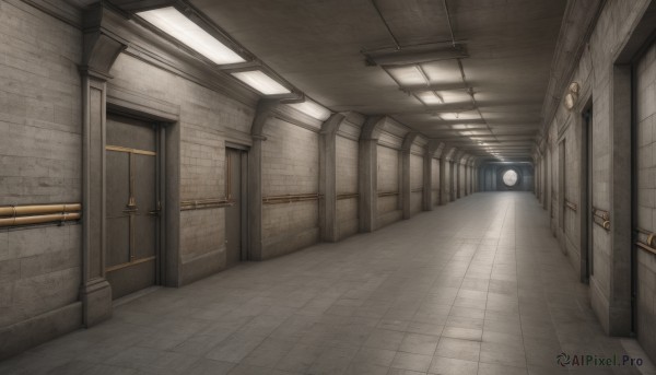 indoors,no humans,window,scenery,stairs,door,tiles,light,tile floor,ceiling,hallway,ceiling light,industrial pipe,wooden floor,clock,wall