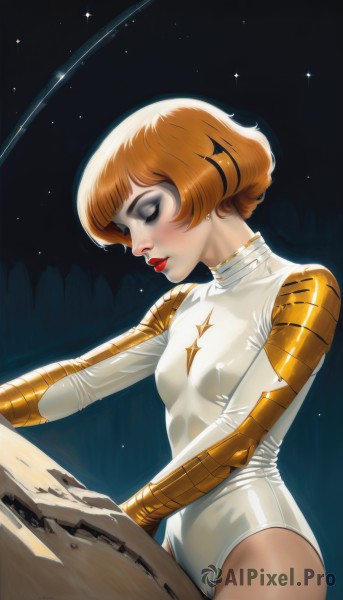 1girl,solo,breasts,short hair,bangs,brown hair,closed eyes,small breasts,sky,shiny,orange hair,leotard,lips,makeup,bob cut,lipstick,star (sky),eyeshadow,starry sky,white leotard,red lips,eyeliner,space,spacecraft,jewelry,earrings,covered nipples,from side,night,skin tight,freckles,science fiction,realistic,nose