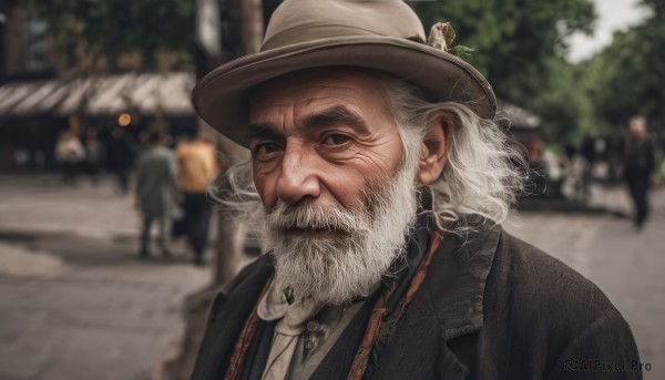 solo,looking at viewer,shirt,1boy,hat,closed mouth,jacket,white shirt,upper body,white hair,male focus,outdoors,necktie,solo focus,day,collared shirt,medium hair,blurry,black eyes,black jacket,depth of field,blurry background,facial hair,formal,thick eyebrows,beard,mature male,realistic,mustache,old,old man,crowd,tree,grey eyes,scar,portrait,smoke,smoking,manly,wrinkled skin