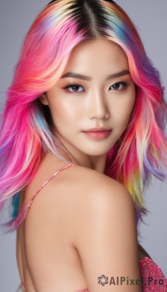 1girl,solo,long hair,breasts,looking at viewer,smile,blonde hair,simple background,black hair,bare shoulders,brown eyes,medium breasts,closed mouth,upper body,pink hair,multicolored hair,looking back,grey background,bra,from side,two-tone hair,lips,eyelashes,gradient hair,makeup,eyeshadow,realistic,nose,jewelry,necklace,nail polish