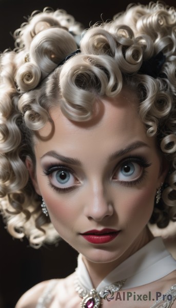 1girl,solo,looking at viewer,short hair,blue eyes,blonde hair,simple background,bare shoulders,jewelry,closed mouth,collarbone,earrings,necklace,lips,eyelashes,makeup,detached collar,lipstick,black background,brooch,gem,portrait,curly hair,realistic,red lips,straight-on,pearl necklace,mascara,hair ornament,dress,choker,close-up,eyeshadow,pearl (gemstone)