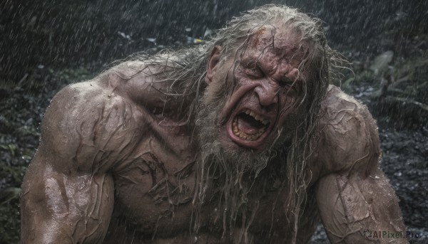 solo,long hair,open mouth,1boy,closed eyes,upper body,male focus,outdoors,teeth,wet,muscular,facial hair,beard,rain,veins,realistic,wet hair,old,old man,looking at viewer,blue eyes,blonde hair,white hair,nude,tongue,scar,muscular male,angry,topless male,manly,shouting,screaming