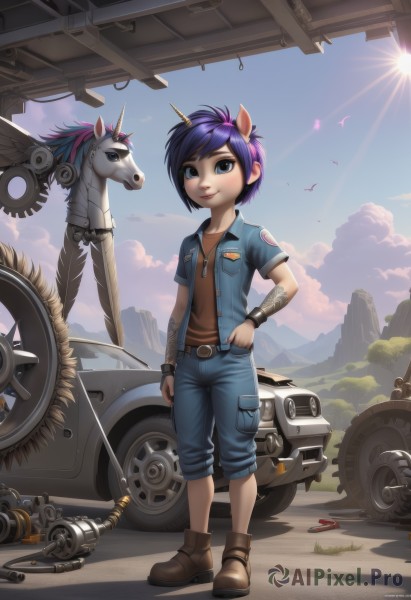 1girl,solo,looking at viewer,smile,short hair,blue eyes,shirt,animal ears,blue hair,standing,jacket,full body,purple hair,short sleeves,boots,outdoors,open clothes,horns,sky,day,belt,pants,artist name,cloud,signature,blue sky,lips,bird,watermark,brown footwear,horse ears,denim,ground vehicle,wristband,web address,motor vehicle,single horn,buckle,personification,hand in pocket,mountain,sun,car,motorcycle,horse,unicorn,1boy,jewelry,male focus,hairband,necklace,vest,tree,hand on hip,tattoo,sunlight,grass,light rays,pegasus