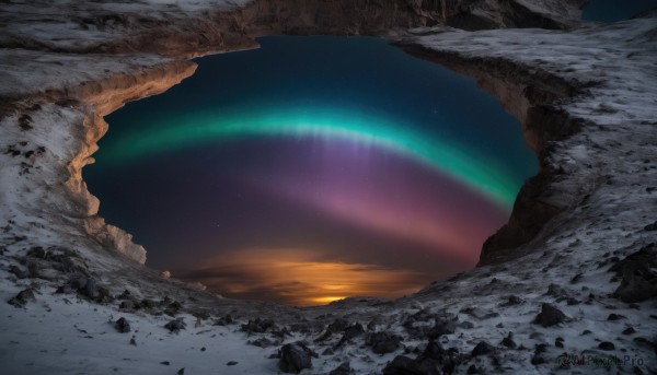 outdoors,sky,cloud,no humans,night,star (sky),scenery,starry sky,sunset,rock,mountain,rainbow,sunrise,cliff,aurora,night sky,snow,horizon,landscape,gradient sky,footprints