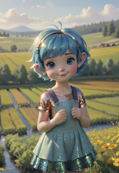 1girl,solo,looking at viewer,blush,smile,short hair,bangs,blue eyes,skirt,shirt,hair ornament,dress,closed mouth,blue hair,standing,flower,short sleeves,cowboy shot,hairband,outdoors,sky,day,cloud,hair flower,water,blurry,tree,blue sky,depth of field,blurry background,blue dress,cloudy sky,grass,child,nature,mountain,yellow flower,female child,road,overalls,field,river,flower field,path,jewelry,collarbone,earrings,lips,sunlight,polka dot,clenched hands,realistic,aqua dress,polka dot shirt