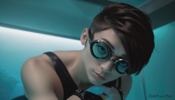 1girl,solo,looking at viewer,short hair,bangs,blue eyes,brown hair,black hair,gloves,bare shoulders,closed mouth,upper body,glasses,lips,eyelashes,swept bangs,tank top,goggles,watch,realistic,nose,wristwatch,jewelry,black gloves,indoors,nail polish,black nails,close-up