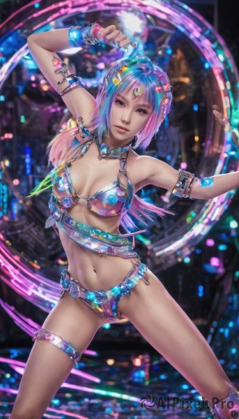 1girl,solo,long hair,breasts,looking at viewer,smile,blue eyes,hair ornament,navel,cleavage,jewelry,medium breasts,blue hair,purple eyes,swimsuit,pink hair,bikini,multicolored hair,necklace,bracelet,two-tone hair,lips,gradient hair,thigh strap,armlet,realistic,bikini armor,short hair,standing,armpits,watermark,dancing