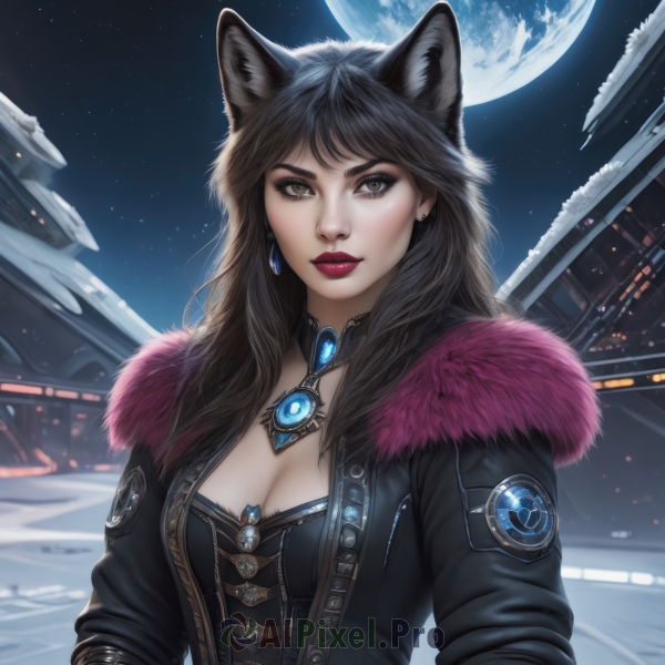 1girl,solo,long hair,breasts,looking at viewer,bangs,brown hair,black hair,animal ears,cleavage,brown eyes,jewelry,medium breasts,closed mouth,jacket,upper body,earrings,outdoors,open clothes,sky,choker,artist name,cat ears,mole,open jacket,lips,coat,black jacket,fur trim,makeup,night,watermark,moon,lipstick,brooch,building,gem,star (sky),night sky,snow,full moon,pendant,starry sky,freckles,realistic,nose,red lips,leather,signature,wolf ears,fur collar,snowing,fur-trimmed jacket,architecture