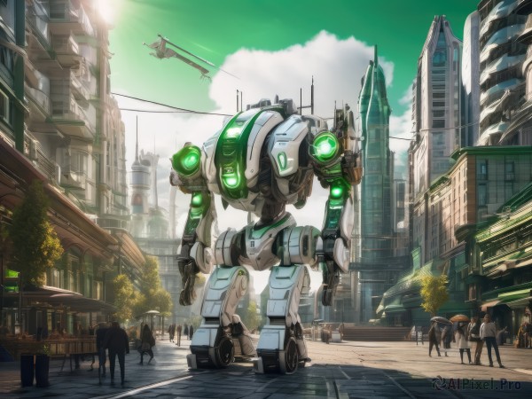 outdoors,multiple boys,sky,solo focus,day,cloud,tree,no humans,glowing,robot,ground vehicle,building,mecha,glowing eyes,motor vehicle,science fiction,6+boys,city,aircraft,car,road,street,traffic light,helicopter,people,multiple girls,scenery,walking,crowd