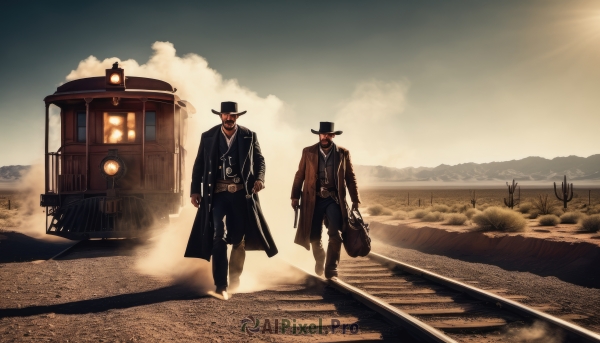 black hair,hat,holding,jacket,male focus,outdoors,multiple boys,necktie,sky,day,belt,pants,cloud,2boys,necklace,bag,coat,black headwear,facial hair,black pants,formal,suit,ground vehicle,scenery,smoke,walking,top hat,mustache,sun,long coat,trench coat,suitcase,train,desert,train station,railroad tracks,briefcase,weapon,boots,mask,sunglasses,mountain,holding bag,fedora