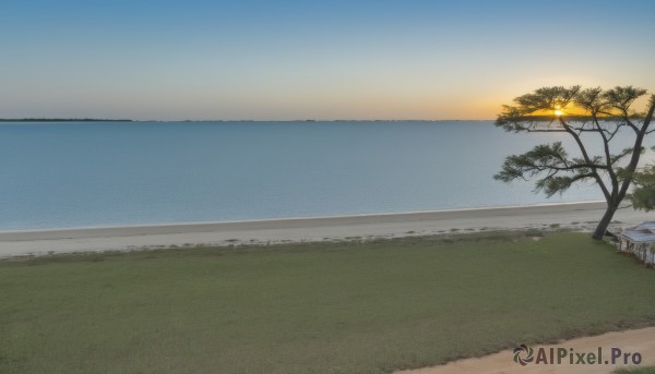 outdoors,sky,day,cloud,water,tree,blue sky,no humans,ocean,beach,grass,scenery,sunset,sun,horizon,road,gradient sky,shore,ground vehicle,nature,motor vehicle,landscape