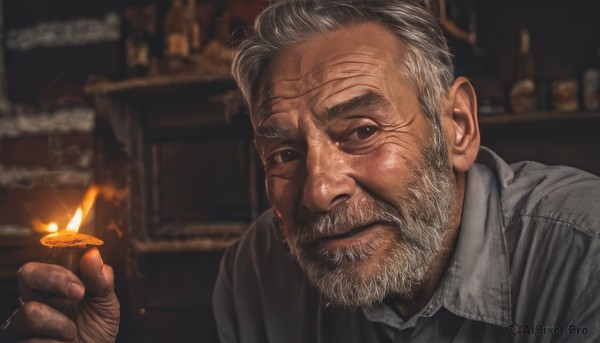 solo,looking at viewer,short hair,shirt,1boy,holding,closed mouth,upper body,white hair,grey hair,male focus,necktie,collared shirt,indoors,blurry,black eyes,blurry background,facial hair,scar,fire,portrait,beard,realistic,mustache,candle,manly,old,old man,wrinkled skin,white shirt,hand up,signature,depth of field,bottle,wing collar,black necktie,alcohol,smoke,cigarette,smoking,flame,holding cigarette,bar (place),cigar,lighter