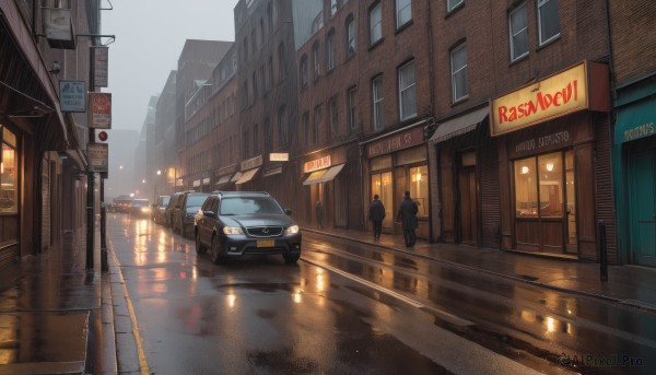 outdoors,multiple boys,sky,2boys,no humans,window,night,ground vehicle,building,scenery,motor vehicle,reflection,rain,city,sign,car,road,cityscape,police,lamppost,street,road sign,puddle,truck,people,sidewalk,1boy,english text,walking,vehicle focus