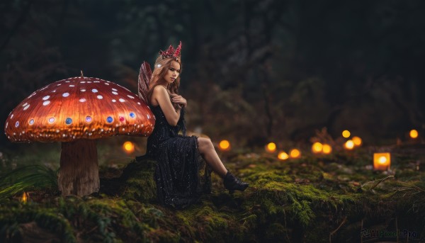 1girl,solo,long hair,blonde hair,brown hair,dress,bare shoulders,sitting,boots,outdoors,wings,pointy ears,black footwear,blurry,black dress,from side,tree,strapless,depth of field,blurry background,grass,crown,nature,strapless dress,forest,minigirl,hands on own chest,fairy,mushroom,butterfly wings,tree stump,blue eyes,horns,high heels,makeup,tiara,polka dot,plant,scenery,feathered wings,lantern,wide shot,moss